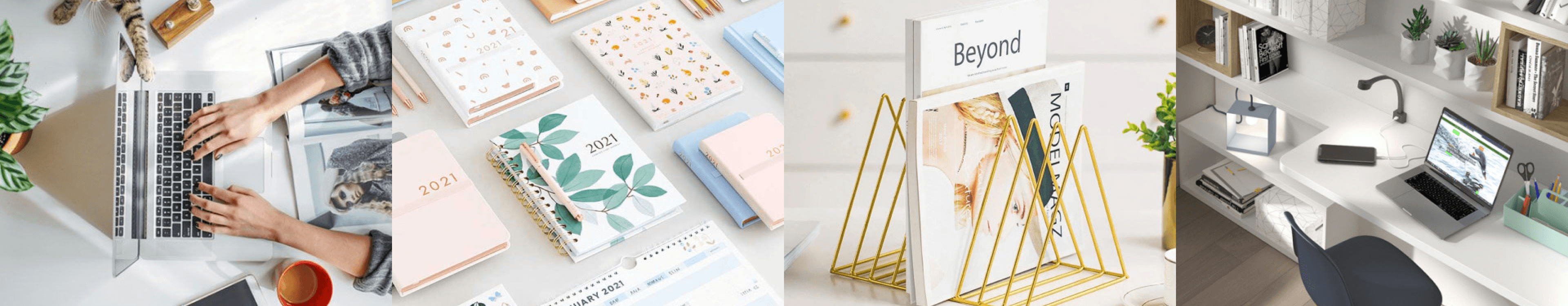 Collection of workspace scenes and stationery